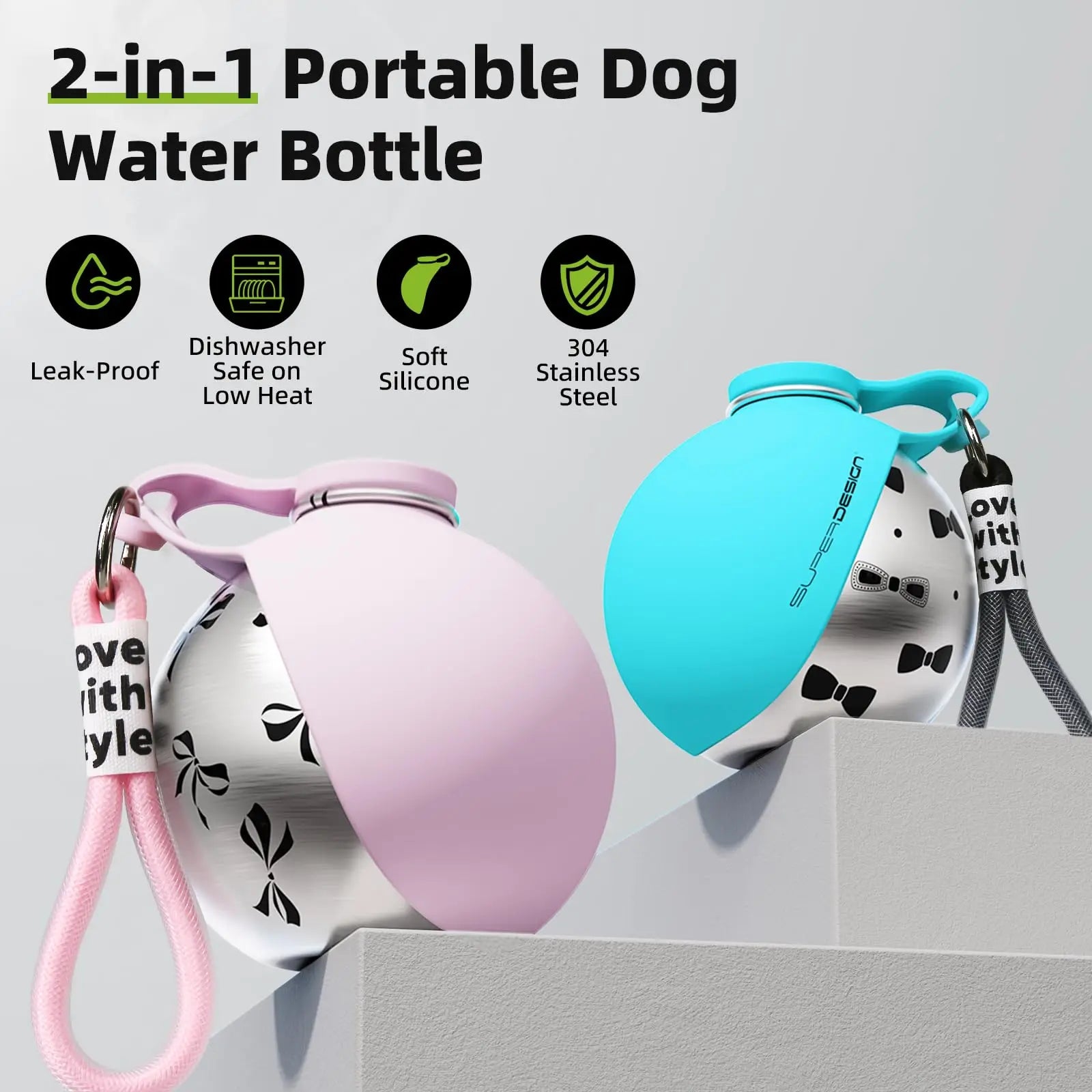 Petorao 2-in-1 Portable Dog Water Bottle — Leak-Proof, Stainless Steel & Silicone