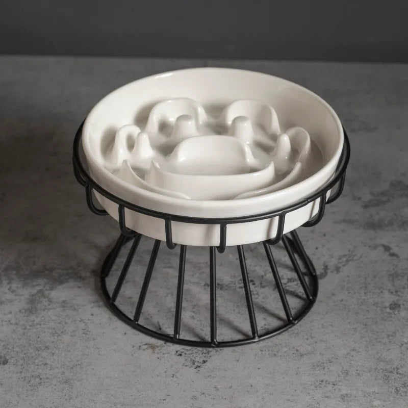 Petorao Elevated Ceramic Slow Feeder Bowl — Anti-Choking Maze Bowl with Iron Stand for Dogs & Cats