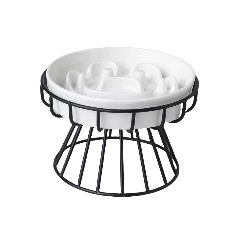 Petorao Elevated Ceramic Slow Feeder Bowl — Anti-Choking Maze Bowl with Iron Stand for Dogs & Cats