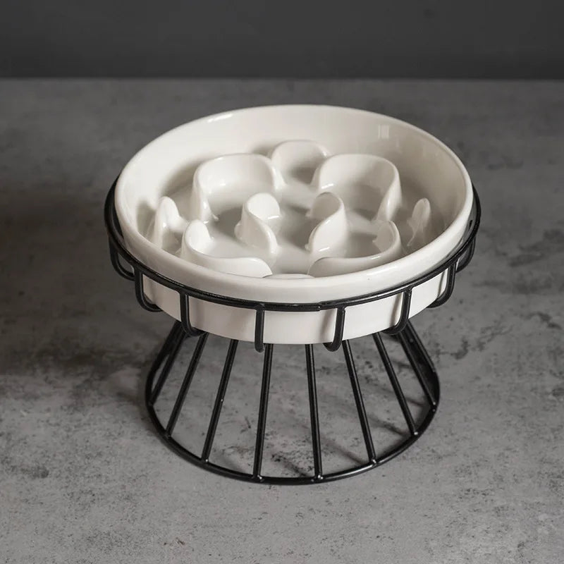 Petorao Elevated Ceramic Slow Feeder Bowl — Anti-Choking Maze Bowl with Iron Stand for Dogs & Cats