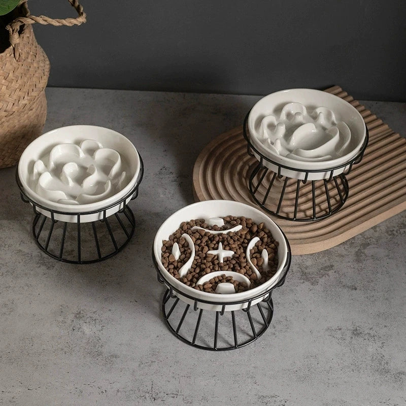 Petorao Elevated Ceramic Slow Feeder Bowl — Anti-Choking Maze Bowl with Iron Stand for Dogs & Cats