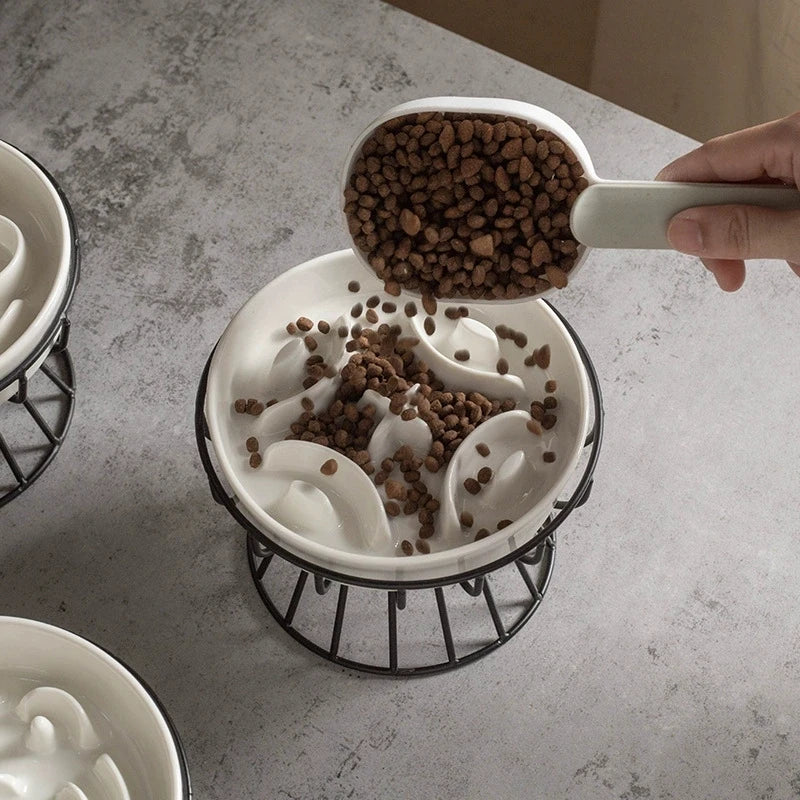 Petorao Elevated Ceramic Slow Feeder Bowl — Anti-Choking Maze Bowl with Iron Stand for Dogs & Cats