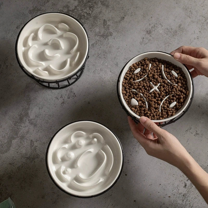 Petorao Elevated Ceramic Slow Feeder Bowl — Anti-Choking Maze Bowl with Iron Stand for Dogs & Cats